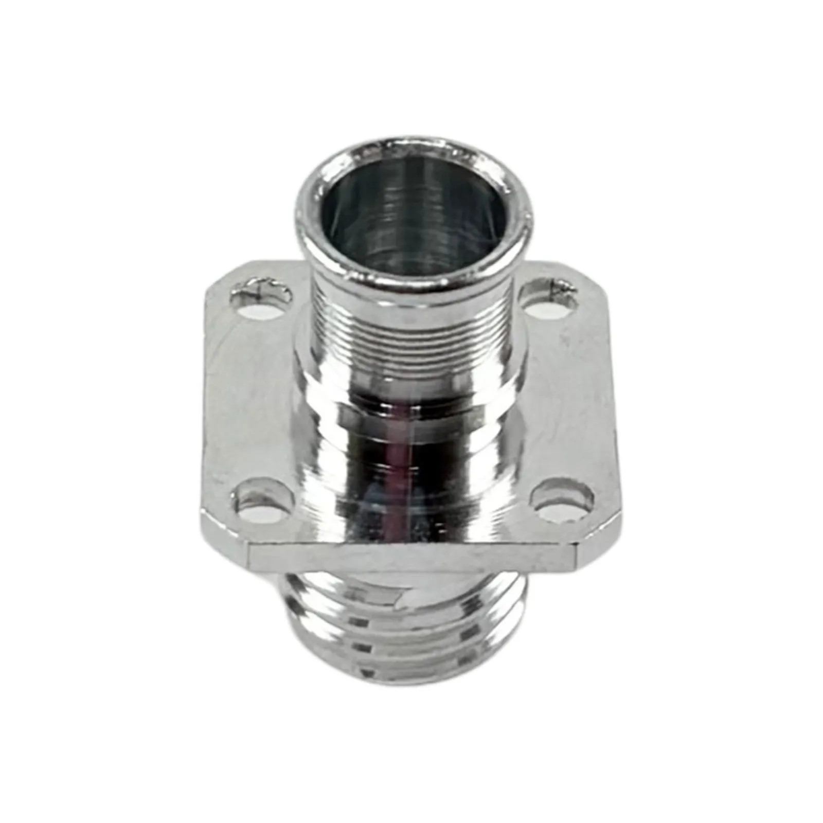 A Swiss-turned stainless steel square-flanged threaded coupling with a stepped through-bore and four mounting holes, bright-polished