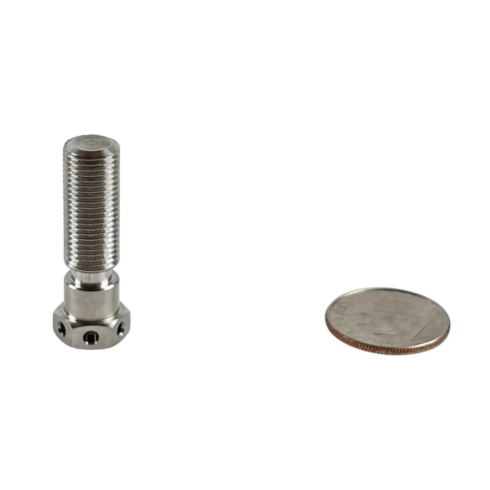 A Swiss-turned stainless steel banjo-style threaded stud with a hex-flanged base and cross-drilled ports