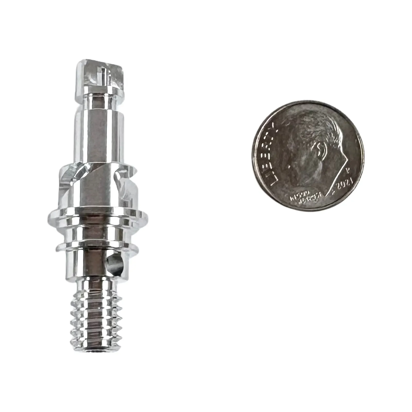 A mirror-polished Swiss-turned stainless steel pin with a grooved collar, external thread, and a cross-drilled hole